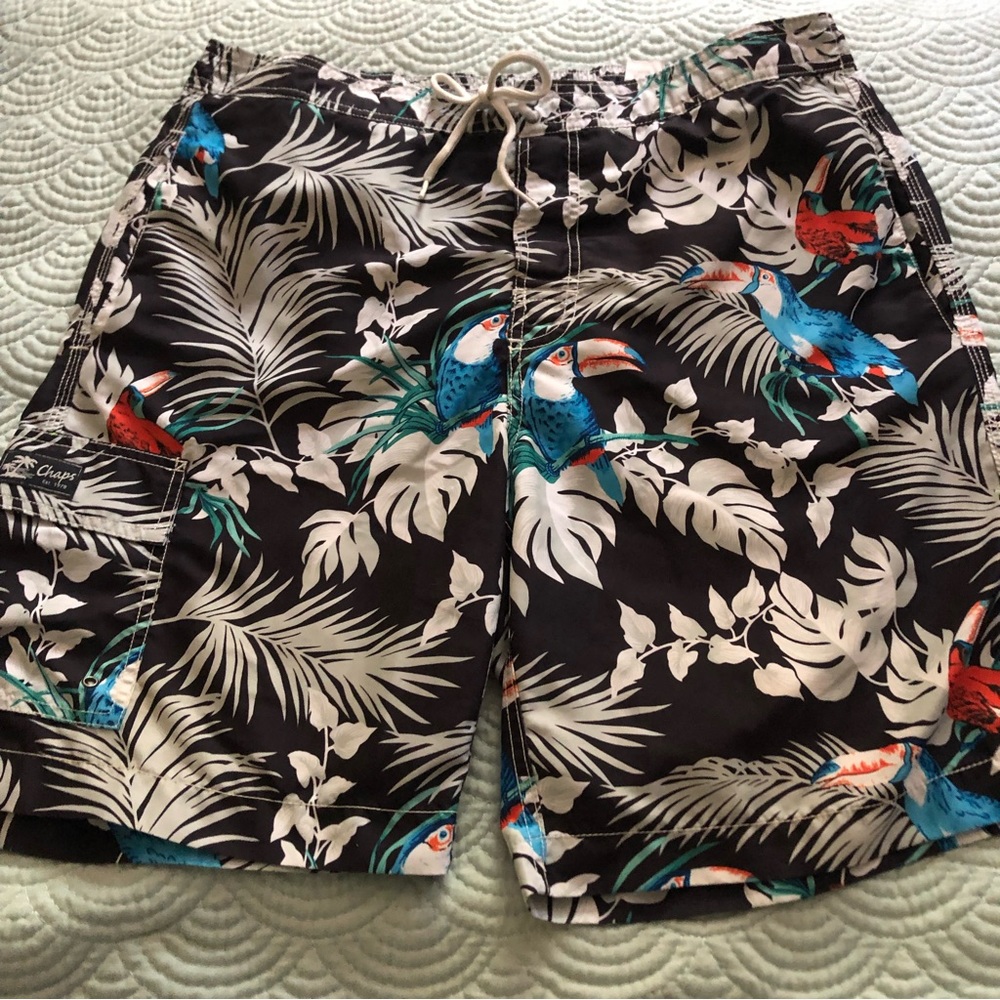 Men's Chaps Swim Trunks Black Tropical Toucan Bird - Size L